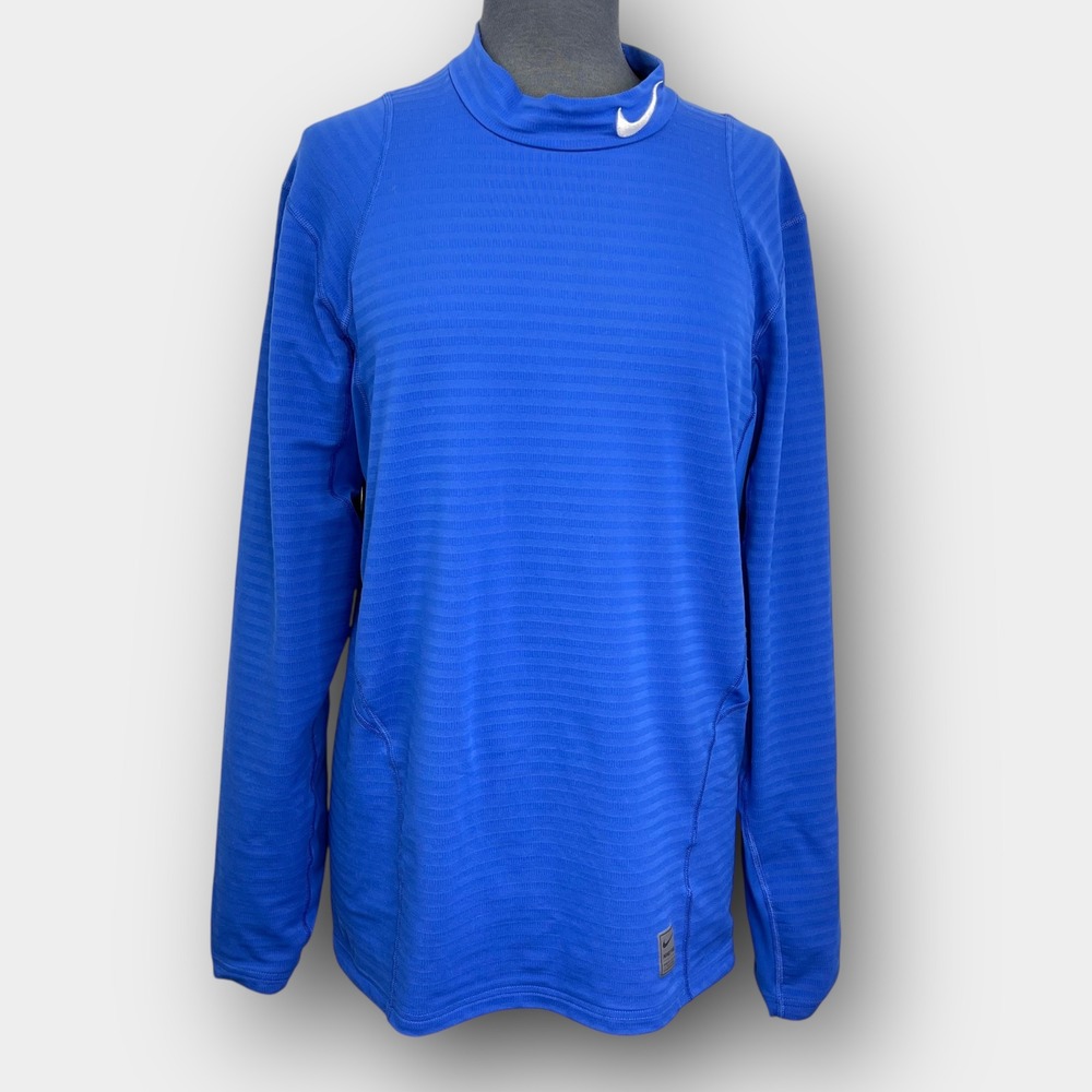 Nike Pro L Men's Blue Dri-FIT Warm Compression Mock Neck Long‎ Sleeve Shirt Top